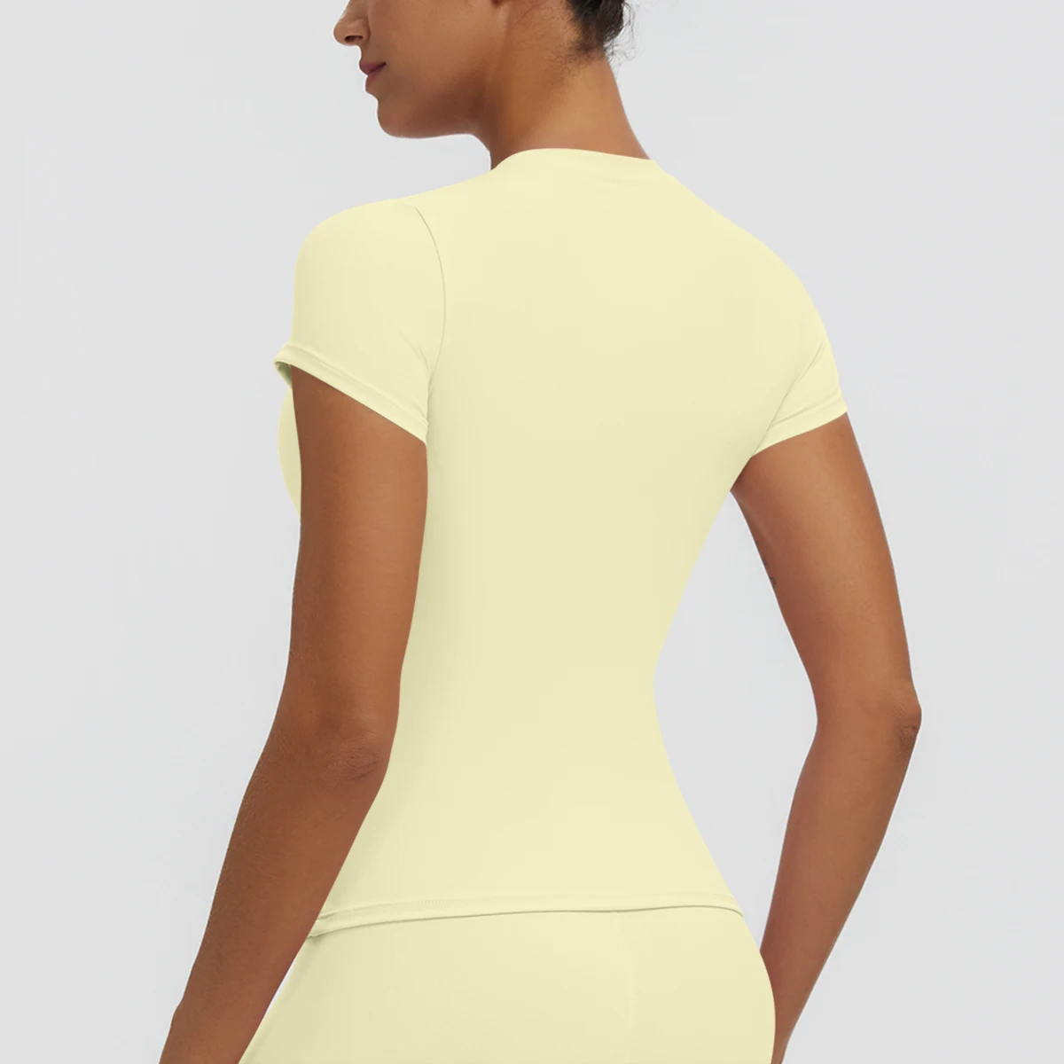 Hochelastisches, schnelltrocknendes, einfarbiges Yoga-Kurzarm-T-Shirt für Damen, Workout-Oberteil, schmal geschnittenes, lässiges Sport-, Lauf-, Fitness- und Yoga-T-Shirt. – Detail 25