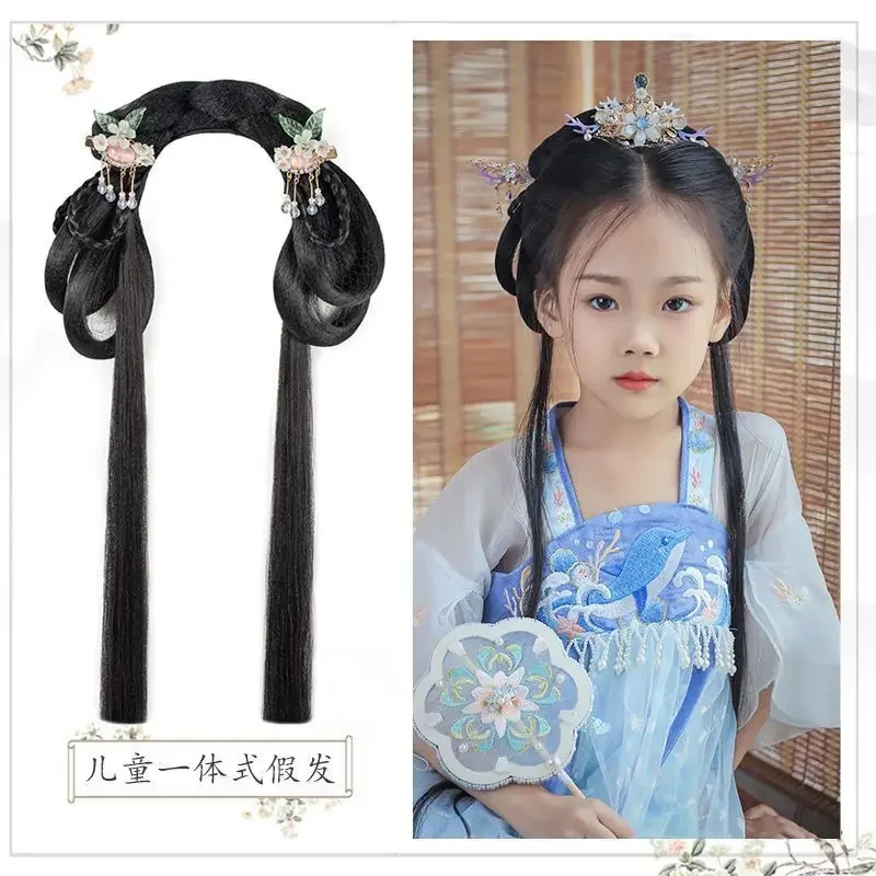 

Children Cosplay Hanfu Wigs Girls Chinese Ancient Hanfu Wigs Cosplay Kids One Piece Lazy Black Long Hair Wig Headband For Girls