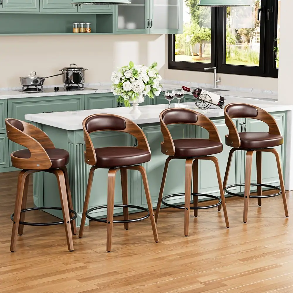 

Bar Stools Set of 4, 26 Swivel Counter Height Barstools with Bentwood Legs and Back, Mid Century Modern Faux Leather Upholstere