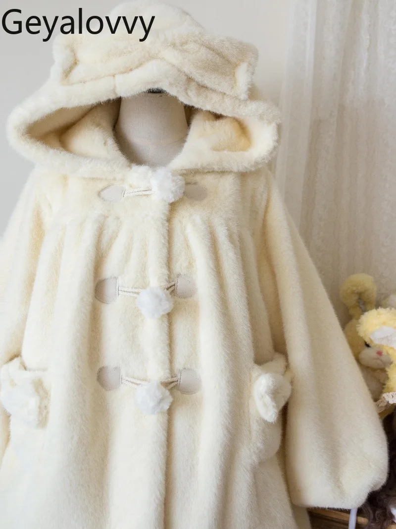 

Thickened Autumn Winter Clothes Hooded Mink Velvet Coat Lolita Sweet Cute Girls Versatile Solid Color Loose Coat Plush Jacket