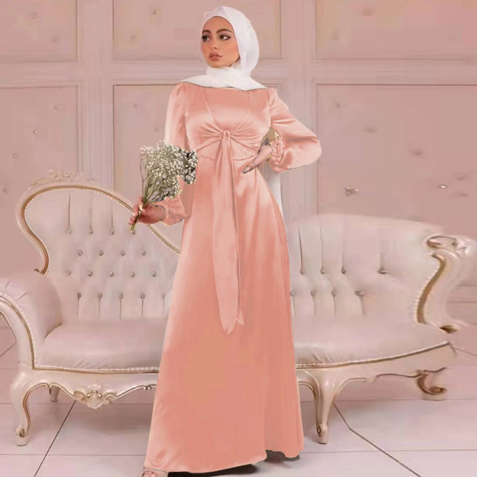 Women Muslim Satin Dress Soft Elegant Solid Long Dress Loose Waist Lace Up Casual Elegant Party Dress Hijabs for Girls S-2XL