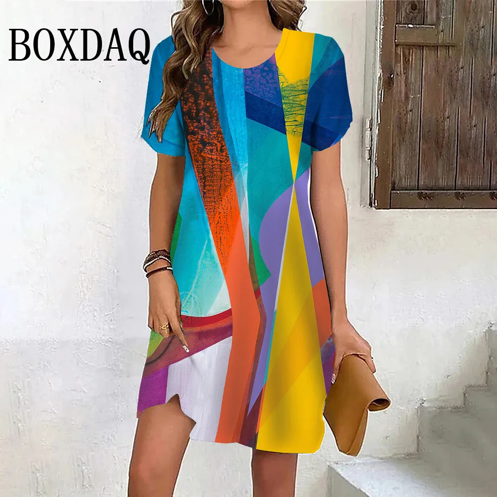 Colorful Abstract Painting Dress Fashion Street Casual Geometry Women Dresses 2024 New Clothing Short Sleeve Summer Mini Dress