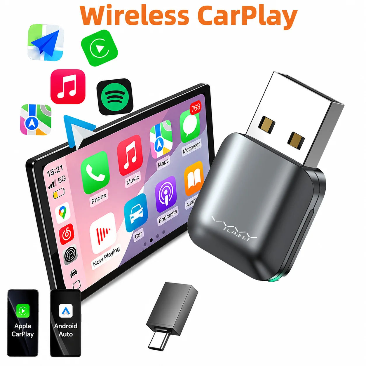 Vyvylabs Mini Wireless CarPlay Adapter USB Android Auto Konverter für werkseitig verdrahtete Autoradios Plug-and-Play 5GHz WLAN Automatische Wiederverbindung Schnelles Pairing Keine Verzögerung