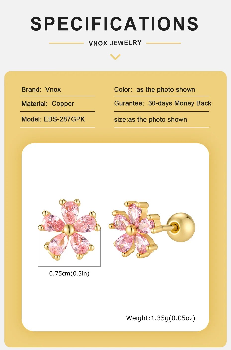 Vnox Süße Blumen-Ohrstecker mit Rosa Kubischem Zirkonia für Damen, Vergoldet, Glänzende Kristalle, Schraubverschluss, Piercing-Schmuck – Detail 4