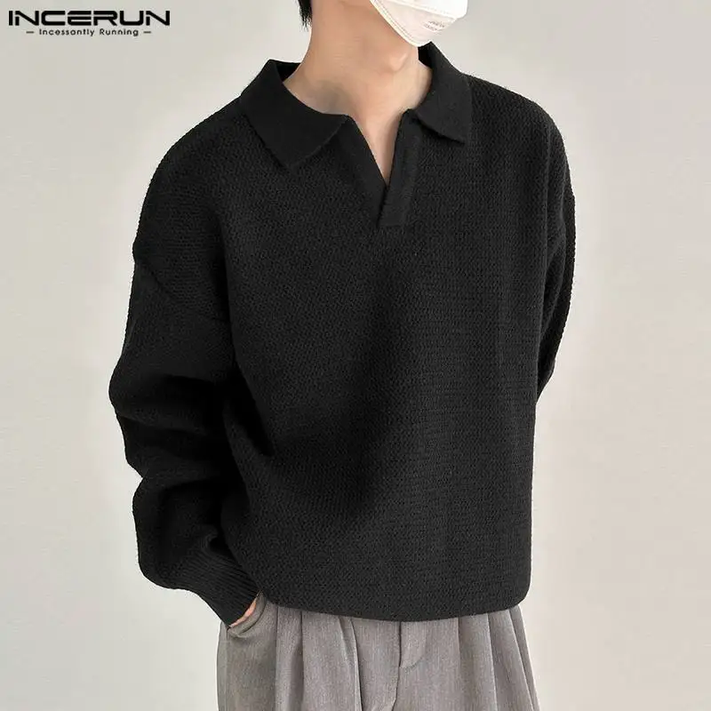 

INCERUN Men Pullovers Solid Color Lapel Long Sleeve Knitted Casual Sweaters Streetwear Autumn Koeran 2023 Men Clothing S-5XL