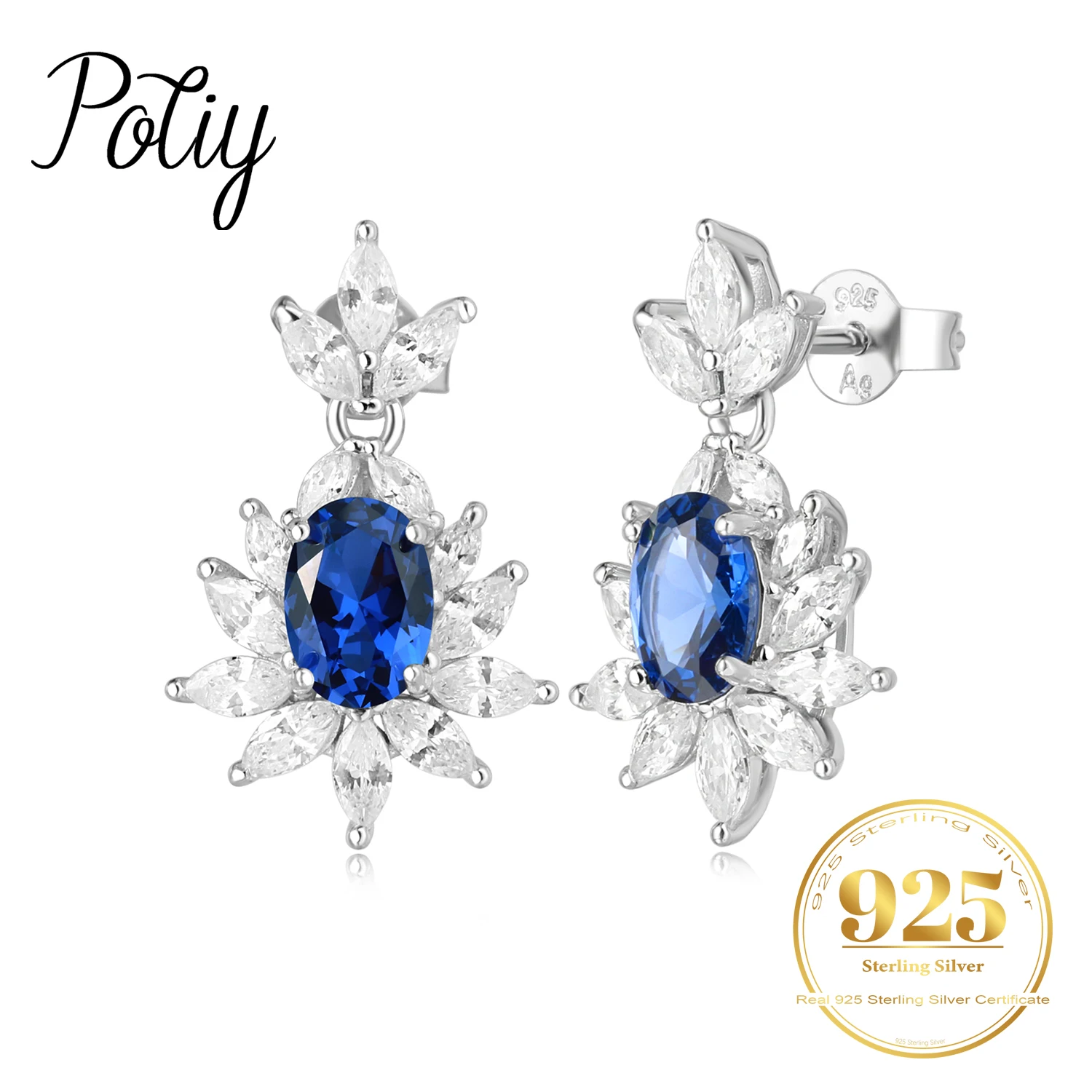 

Potiy 4ct Oval Shape Created Sapphire Dangle Drop Earrings 925 Sterling Silver for Women Daily Wedding Party Jewelry Gift For He