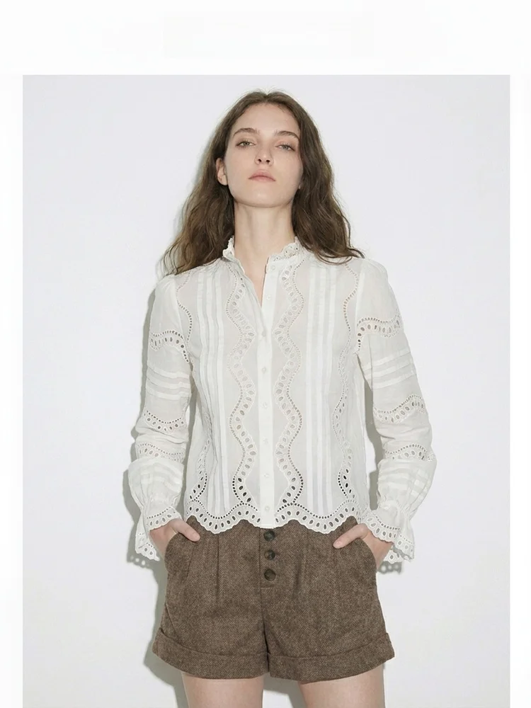 

Retro Sle Long Sve Lace Trim Embroidered irt Women Ele Bell Sve Top Cotton Floral Print Stand Collar Spring Autumn