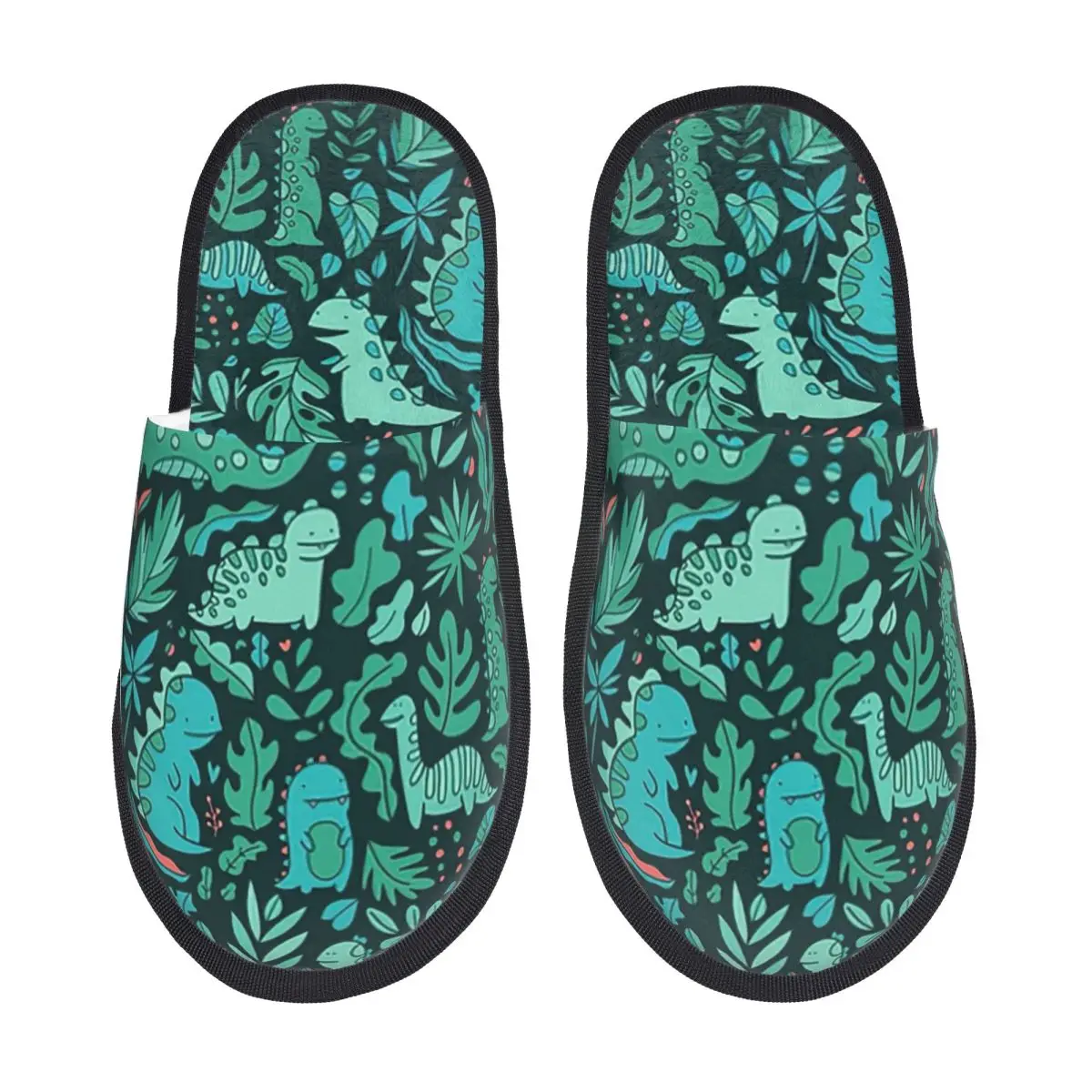 Custom Cute Dinosaurs And Tropical Leaves Soft Memory Foam House Slippers Women Animal Cozy Warm Anti-Skid Slipper