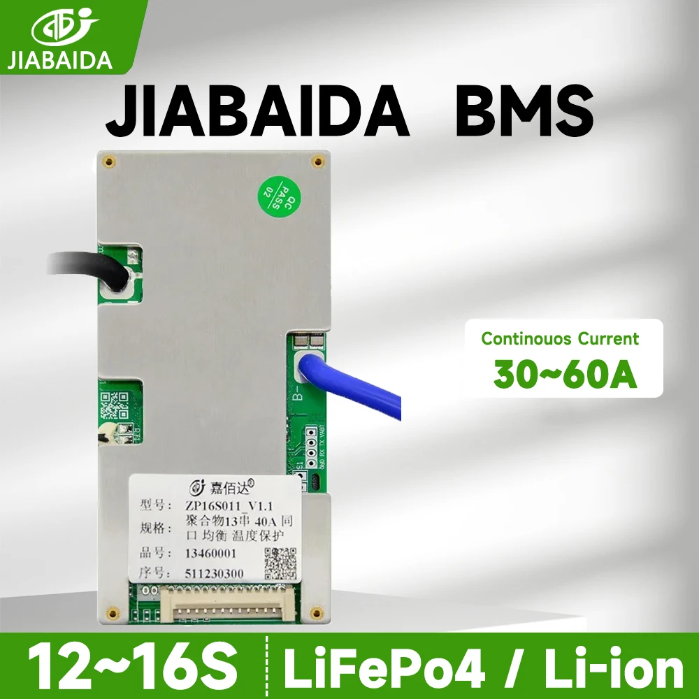 

JBD BMS 13S 14S Li-ion 48V 16S LiFePo4 Литиевая батарея 30A 40A 50A 60A Непрерывный ток JIABAIDA BMS с балансом NTC
