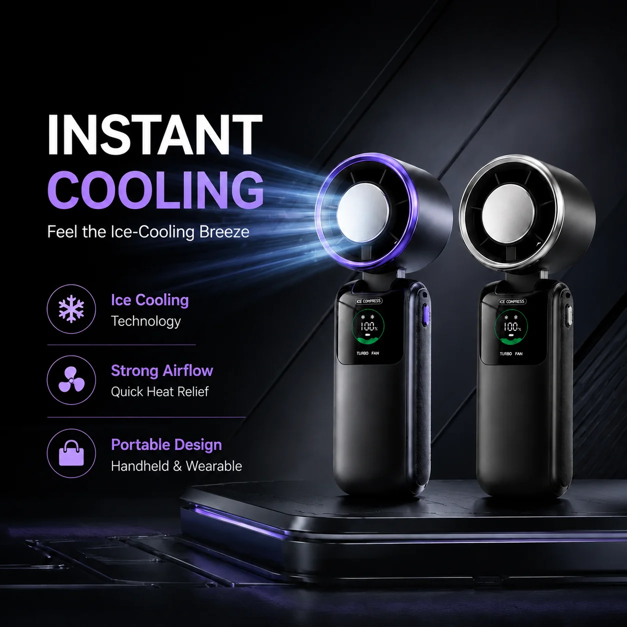 Ultra Quiet Portable Cooling Fan, 5-Speed Handheld Mini Air Cooler, 3600mAh USB Rechargeable Fan for Office, Bedroom