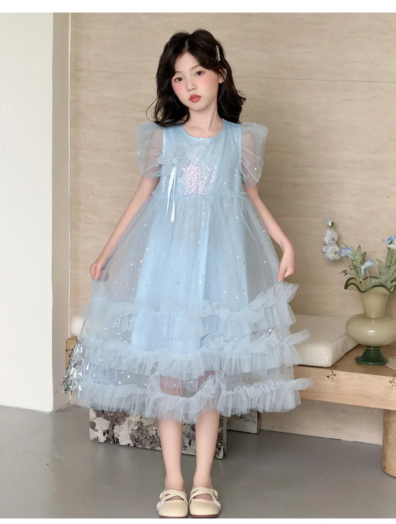 

2026 New Baby Summer Girls Blue Teenage Mesh Dress, Princess Kids Sweet Fashion Party Dress 5-12 T