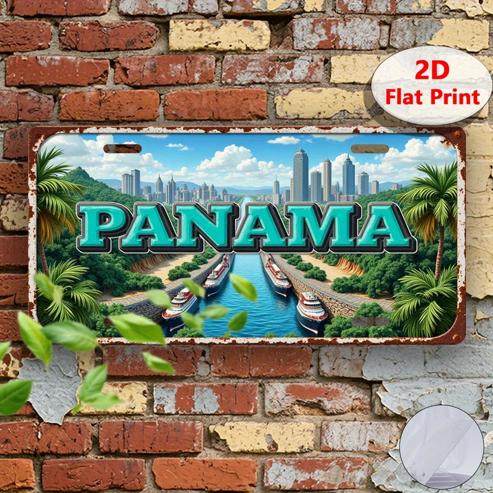 

2D Flat, 1pc, 2D Flat Printing, Vintage Tin Sign, Decorative Plaque and Ornament, Panama Canal, "PANAMA", Panama Travel Souvenir
