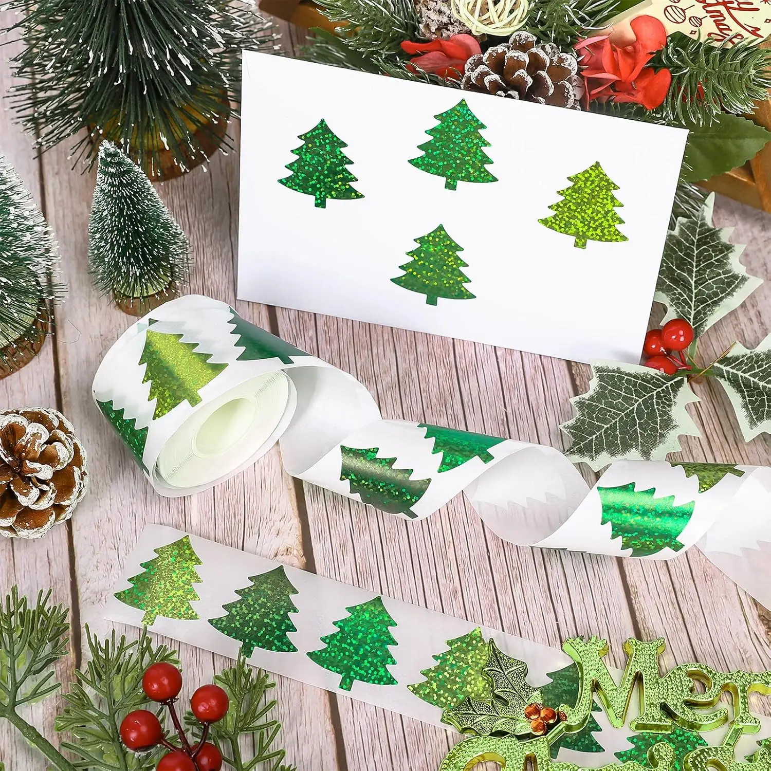 Christmas Tree Stickers Roll Laser Xmas Pine Tree Seal Stickers 3 Colors Green Waterproof Self-Adhesive Decals for Envelope