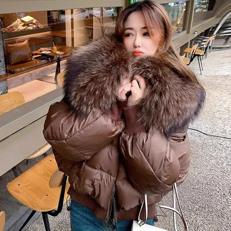Winter Women's Zip Warm Down Jacket with Natural Raccon Collar Removable Large Fur Collar Women Loose Coat Spliced Knitted Cuffs