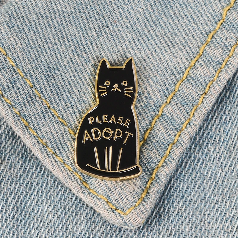 Black Cat enamel pin ADOPT badge brooch Bring me home Lapel pin Denim Jeans shirt bag Cartoon Animal Jewelry Gift for Kids