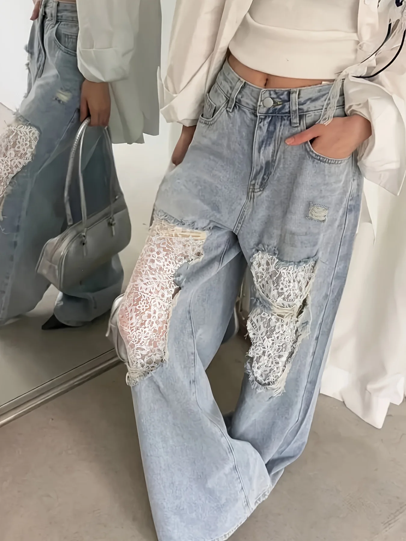 Lace Patchwork Ripped Hole Women's Jeans Korean Style Trend High Waist Raw Edge Denim Pants Chic Design Loose Straight Trousers