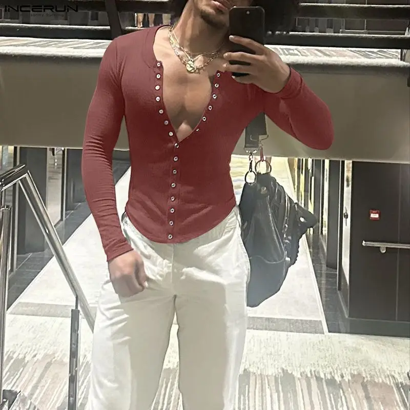 INCERUN hommes t-shirt couleur unie col en V à manches longues décontracté mâle t-shirt hauts bouton printemps 2026 Streetwear mode hommes vêtements S-5XL
