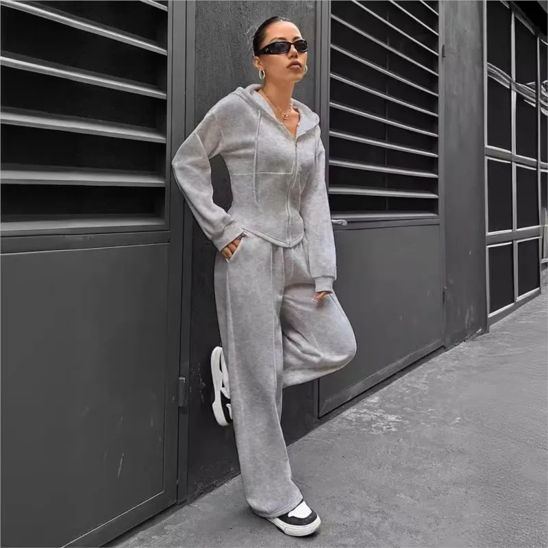 

Grey Hooded Long Pants Women's Set Casual Long Sleeved Zipper Jacket Casual Solid Color Long Pants Sportswear Autumn Sportswear