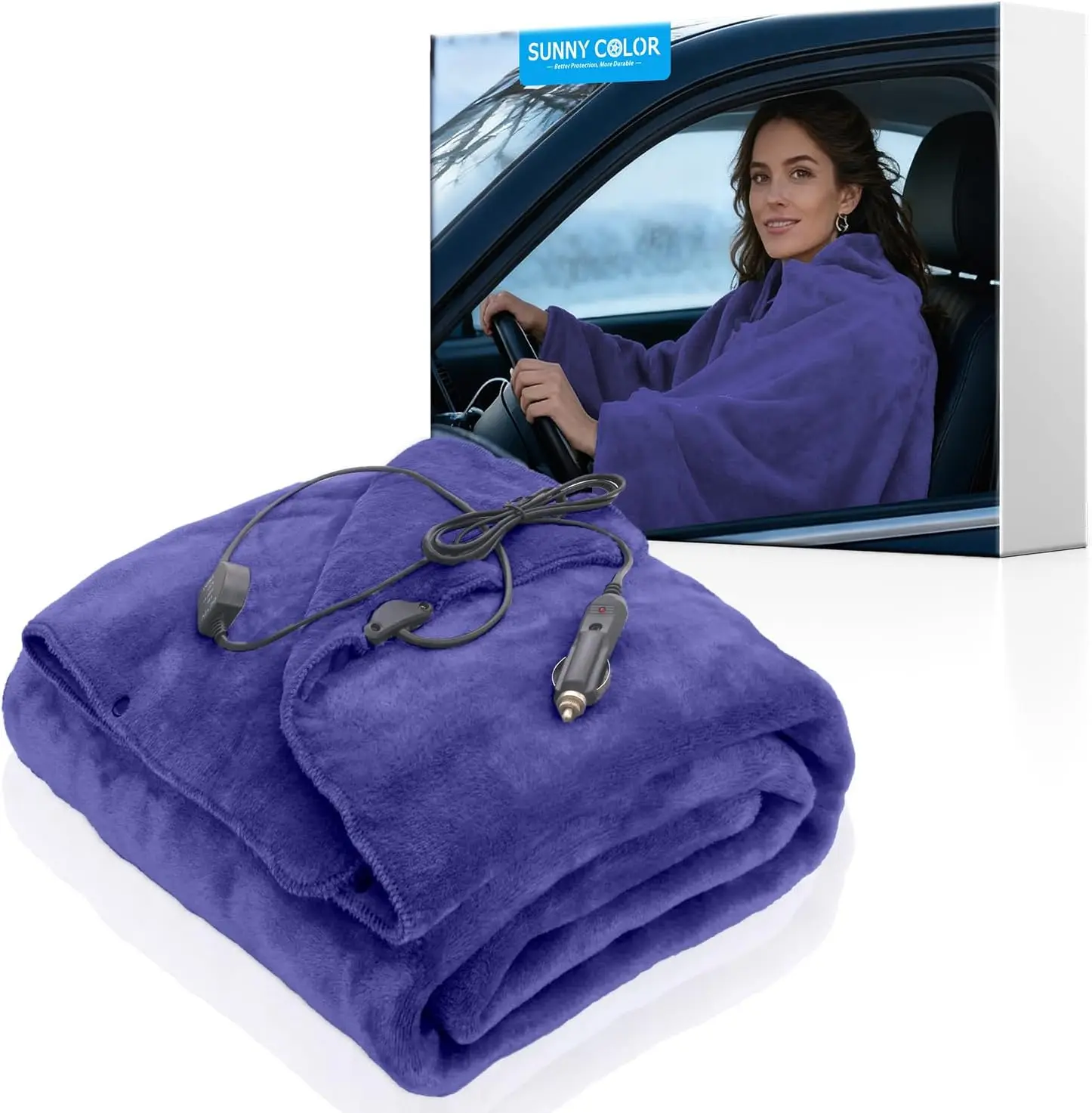 

12V Heated Car Blanket with Dual Heat Settings, Wearable Design for Travel and Camping, Machine Washable Blue