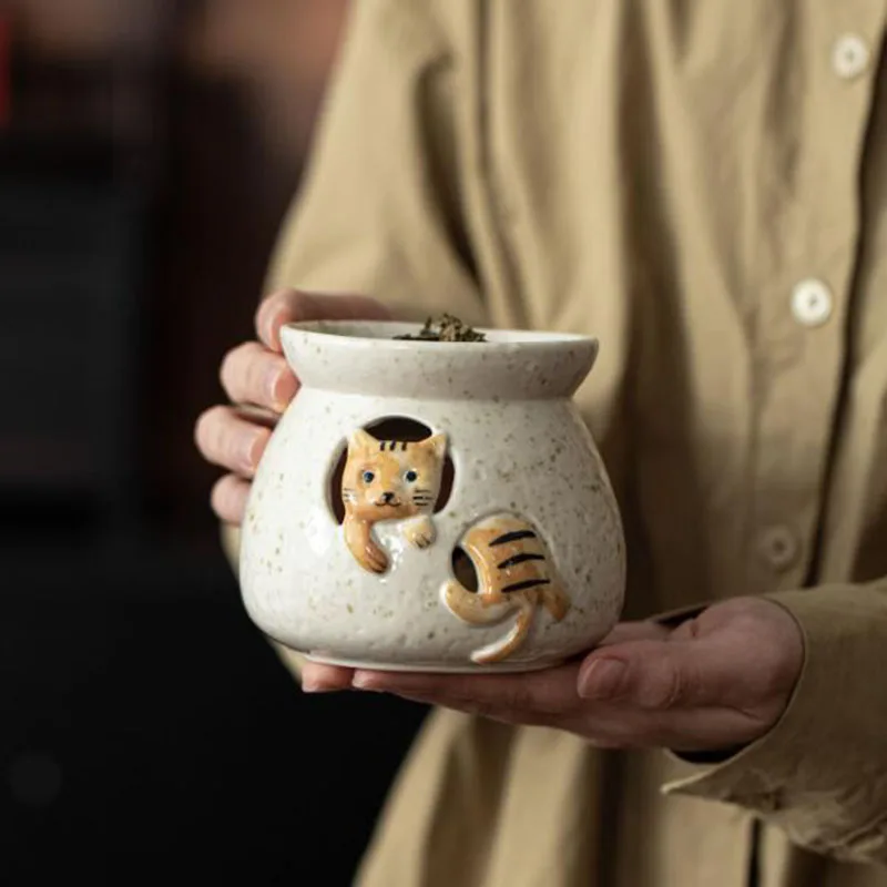 Porcelain Hollow Cat Aromatherapy Burner Essential Oil Furnace Tea Stove Candle Holder Fragrance Censer Bedroom Home Decoration