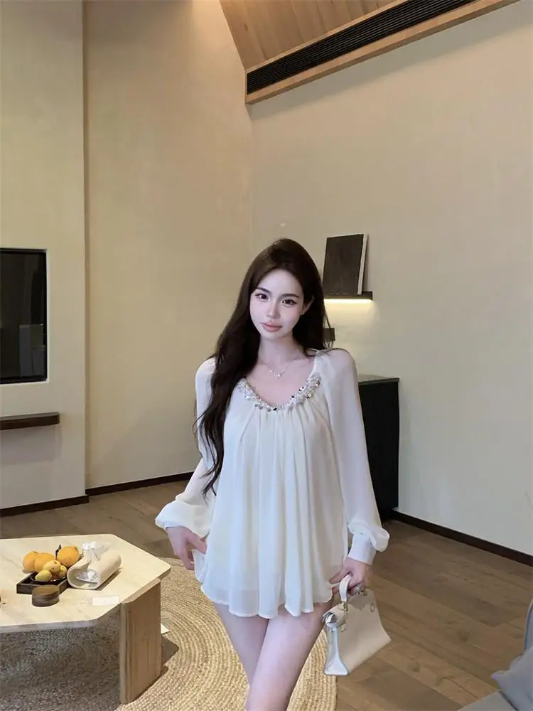 

Женская шифоновая рубашка больших размеров с длинными рукавами и пайетками, весна-лето, новый стиль, нежный элегантный топ, модный корейский стиль