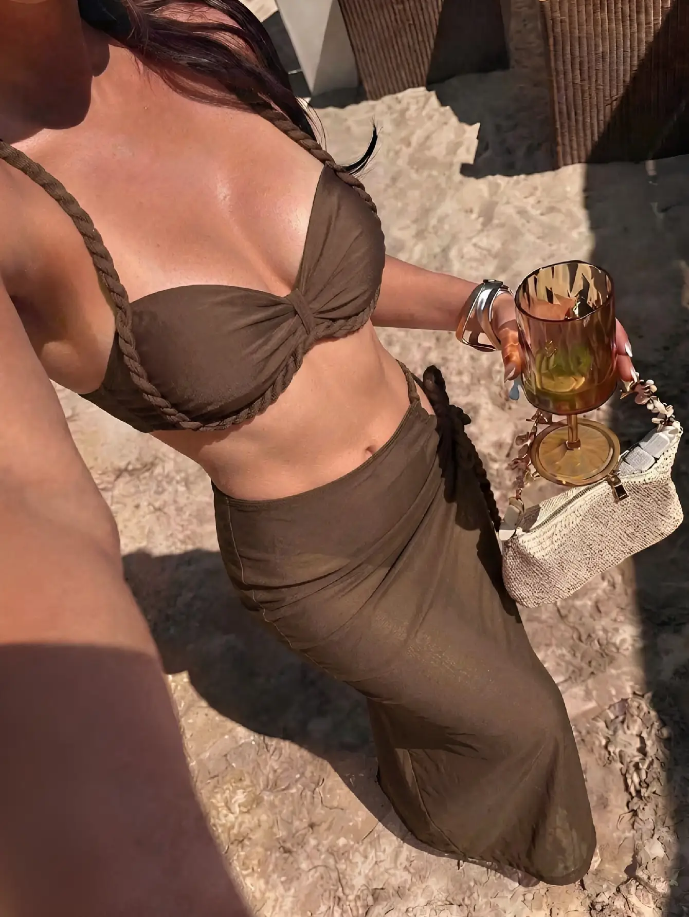 Braided Rope Strap 3Pcs Bikini Set Sheer Mesh Wrap Sarong Skirt Women Solid Beach Swimwear