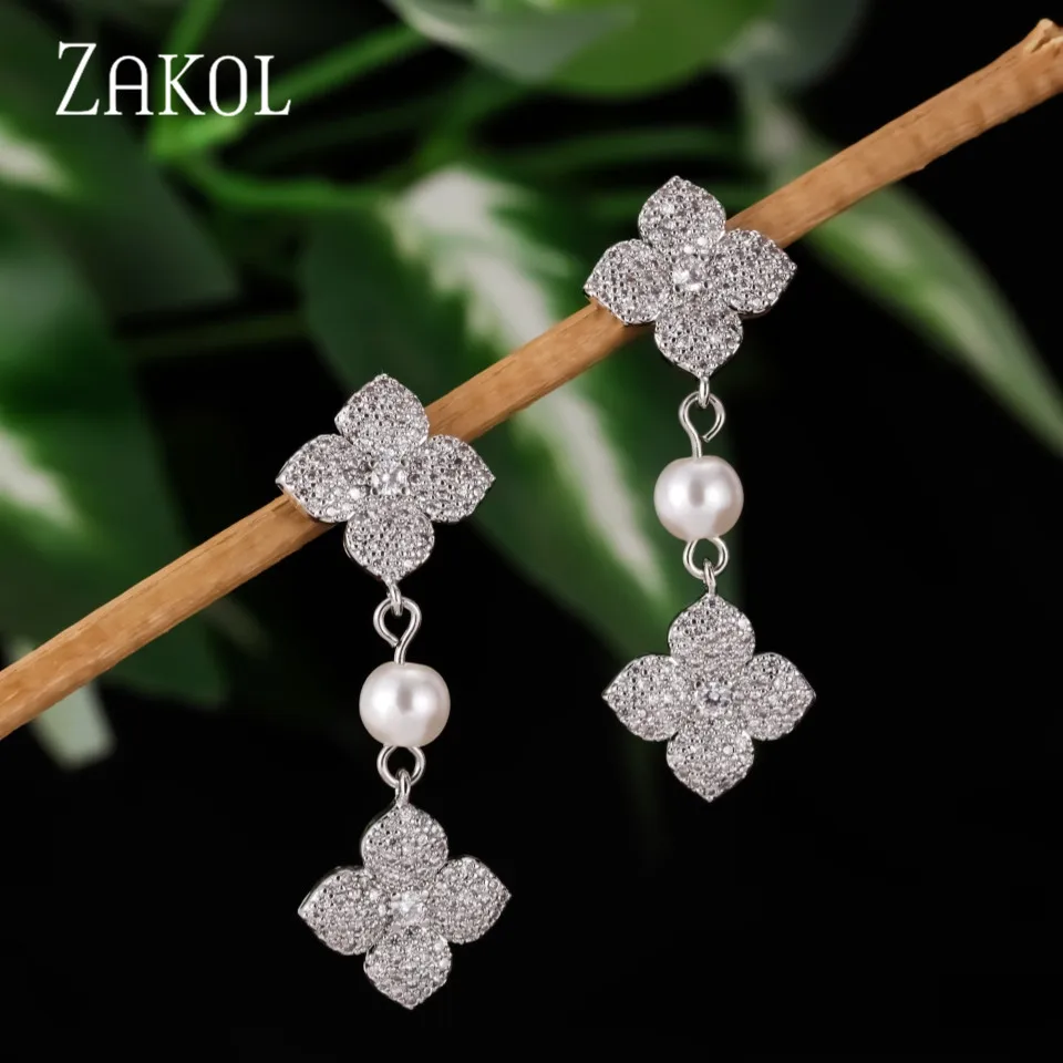 

ZAKOL Luxury Gold Silver Color Flower Long Drop Earrings for Women Pearl Cubic Zirconia Bridal Earring Fashion Wedding Jewelry