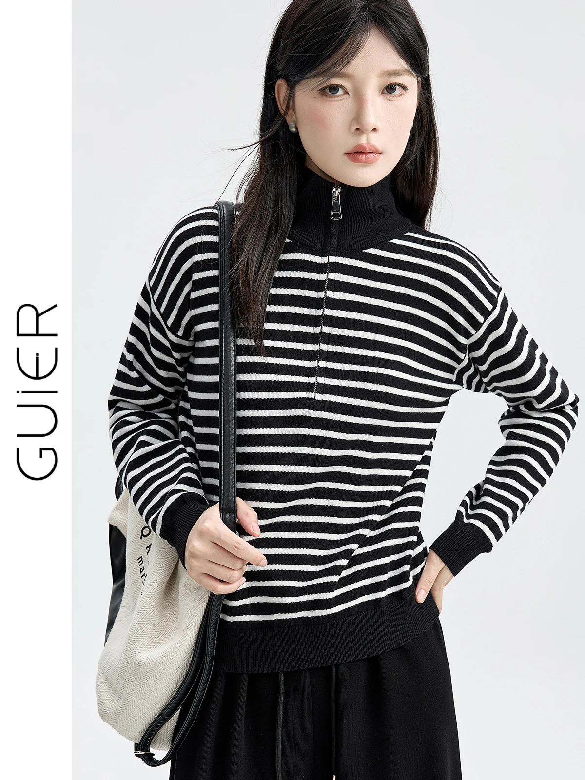 

Guier Women's Striped Knitwear Loose Fit f Zip up Long Sve Casual Top New Arrival Autumn Faion Slimming Effect