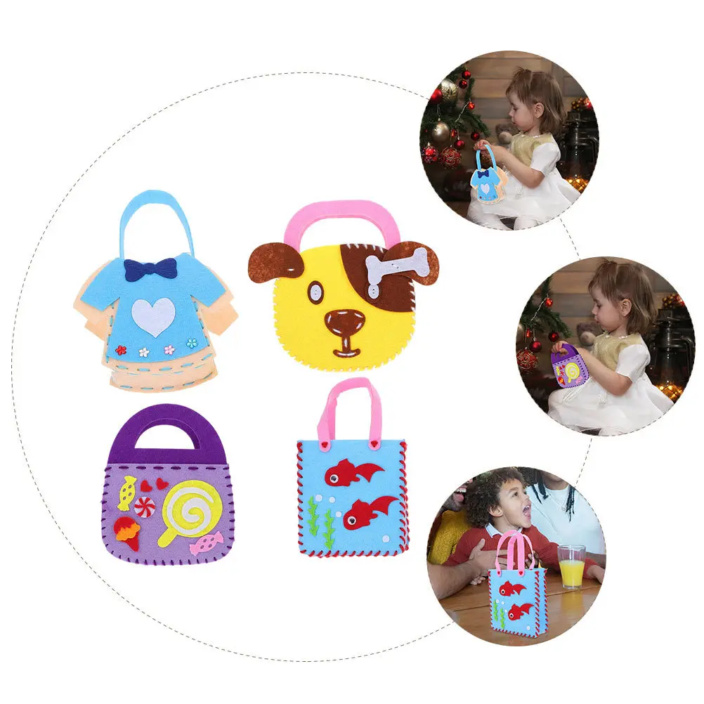 

4Sets Children DIY Non-Woven Fabric Handbag Material Kit Lightweight Compact Kids Hand-Made Educational Craft Gift