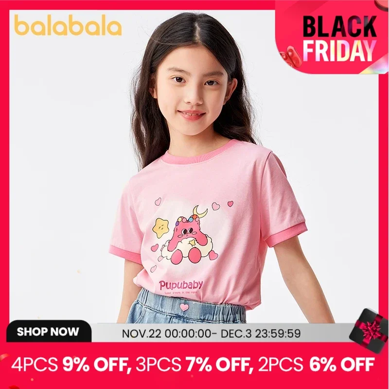 Balabala Children Clothing Girls Short-Sleeved T-Shirt 2024 Summer New Clothing Quick-Drying and Cool Feeling Top Older Children