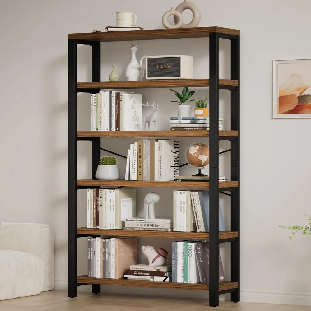 

6-Tier 39.37" Wide Heavy Duty Bookshelf, Industrial Wood and Metal Bookshelf, Vintage Bookcase with Lock Wall Design