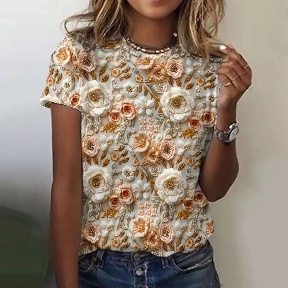 2024 Letnie nowe koszulki damskie 3D Flower Print Moda Krótki rękaw T shirt Casual Loose Tops Trend Odzież damska Streetwear