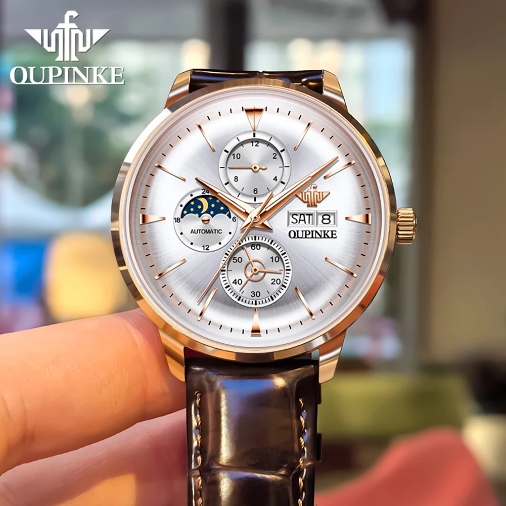 OUPINKE 3309 Men Brand Watch Luxury Automatic Mechanical Watch Fashion Sports Moon Phase Waterproof Chronograph Men Formal Watch