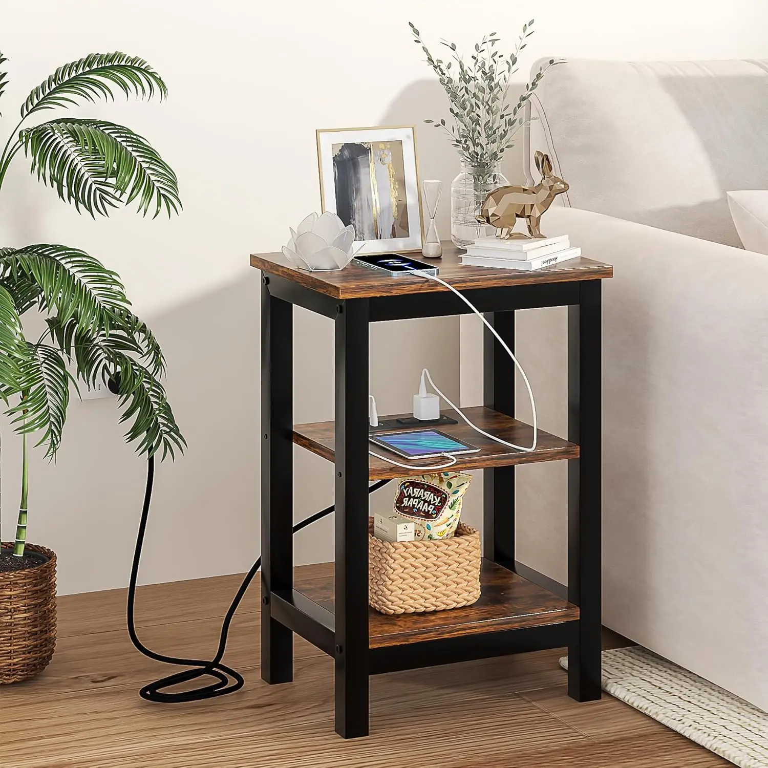 Modern Nightstands With Charging Station,Side End Table Night Stand With Storage Shelf For Small Spaces, Bedroom,Living Room