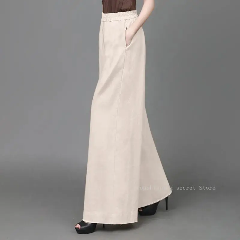الكتان واسعة أرجل السراويل سراويل صيفية الإناث فضفاضة القطن المرأة السراويل اللف عالية الخصر الترفيه مستقيم بنطلون