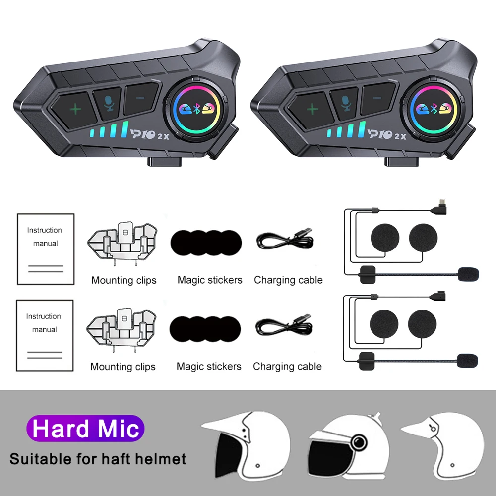 KEBIDUMEI 1/2x Motorfiets Intercom Headset Helm BT 5.3 Voor 2 Rijders intercommunicator 300 M Waterdichte Muziek delen Interphone
