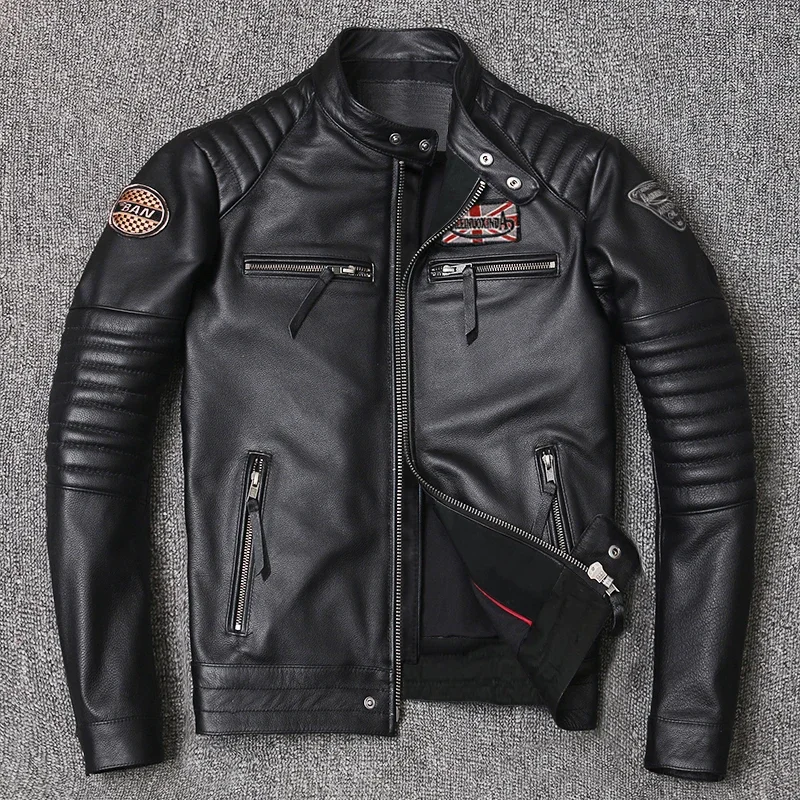 Chaqueta de cuero genuino para motocicleta para hombre, chaquetas de motociclista de estilo, abrigo de primavera de piel de vaca delgado para hombre