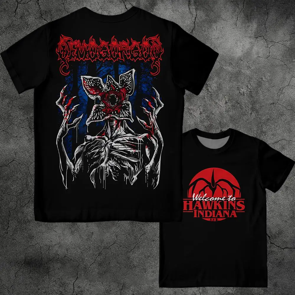 Camiseta Vintage Eddie Munson Stranger com Estampa Demogorgon Cannibal Flower Hawkins, Camiseta Gráfica Y2K Streetwear para Homens e Mulheres