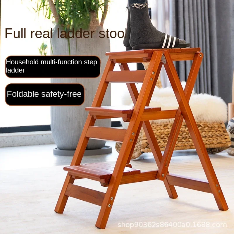 Solid Wood Ladder Installation-free Household Folding Stool Multi-functional Three-step Climbing Step Stool Stair Chair