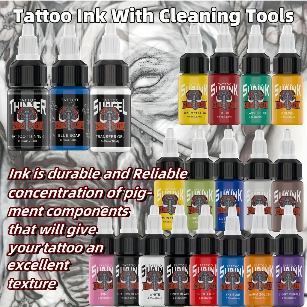 Set di inchiostri per tatuaggi da 20 colori - Bottiglie grandi da 20 ml (0,65 once), inchiostro professionale per body art per tutti gli stili di tatuaggi.