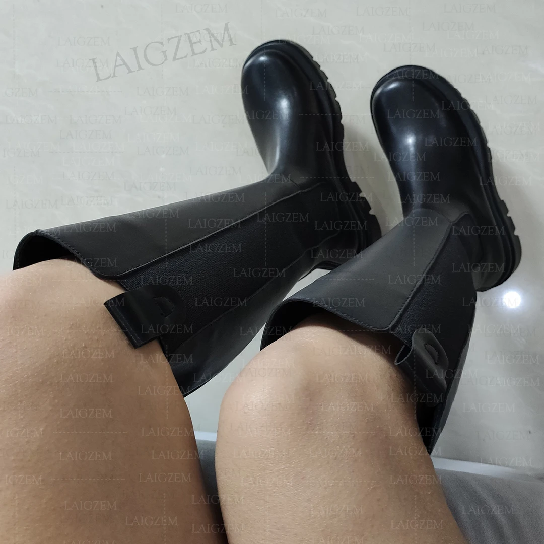 LAIGZEM Women Knee High Boots Real Leather Elastic Band Round Toe Back Zip 5CM Thick Heels Boots Shoes Woman Big Size 37 38 44