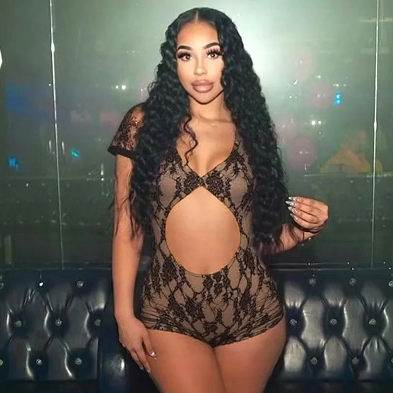 DSMTRC 2025 Backless Short Sleeve Skinny Peach Hip Hottie Wild Style Romper Women Mesh Patchwork V-Neck Sexy Hollow Out Playsuit