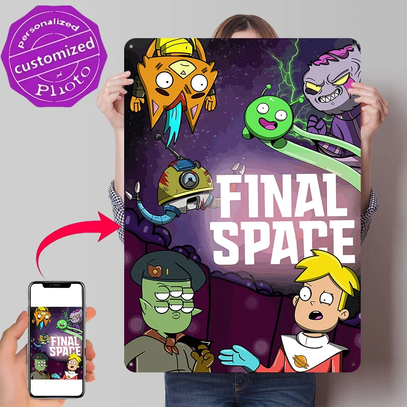 Final Space Characters in Space 3D Printed Texture Poster Personalized Wall Art Retro Metal Tin Signs for Vintage Decor Room