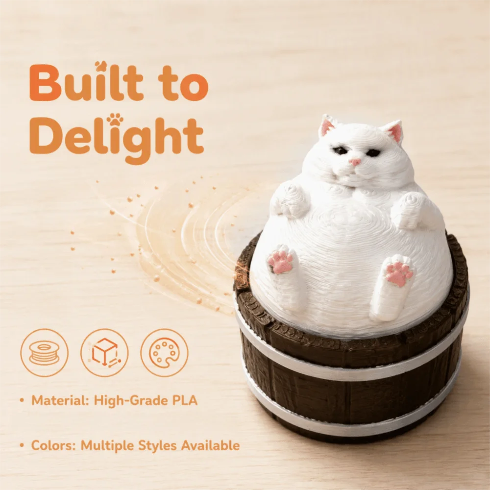 Novelty 3D Printed Fidget Toy Kawaii Fat White Cat Cat Clicker Toy Cute Funny Bathtub Cat Toy Office