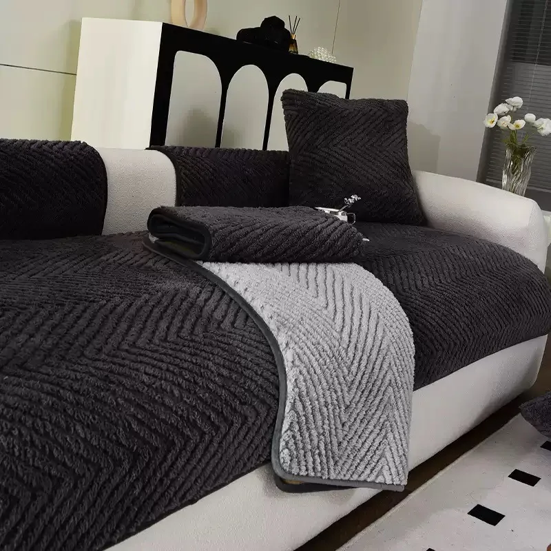 Velvet Striped Sofa Cushion Thickened Winter Couch Cover Wear-Resistant Waterproof Cat-Scratch-Proof Non-Slip Couch Cushion