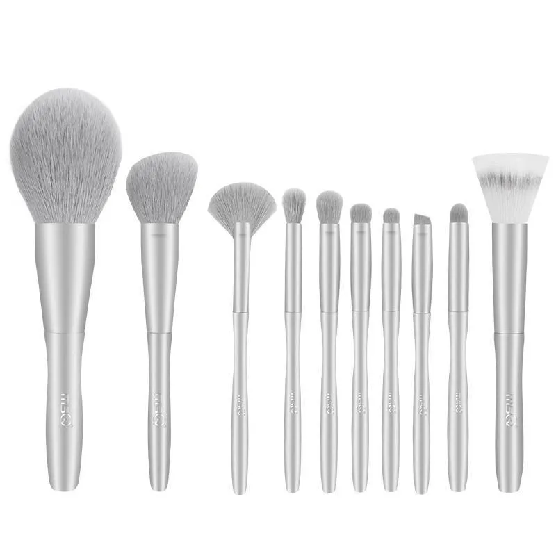 

9 Silver Plain Makeup Brush Set Full Set of Loose Powder Brushes Concealer Eyeshadow Brushes