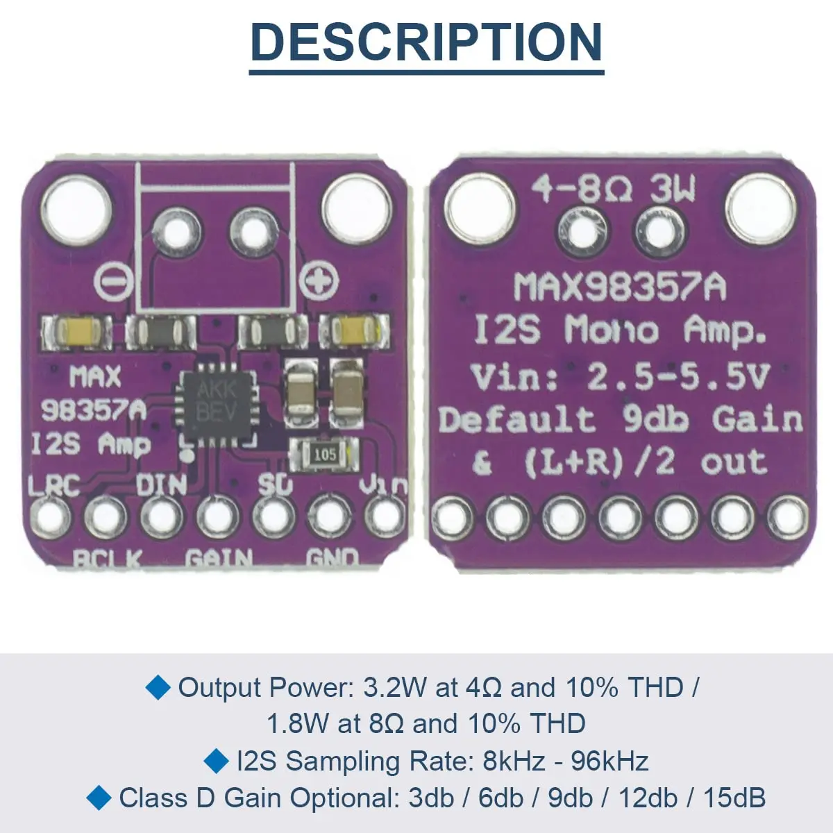 MAX98357 I2S Class D Audio Amplifier Module Breakout Interface DAC Decoder Board for Arduino with Dupont Cable