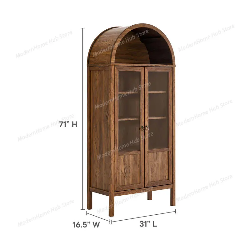 Arched Top Porcelain Display Cabinet with Tempered Glass Door Kitchen Living Room Storage Cabinet