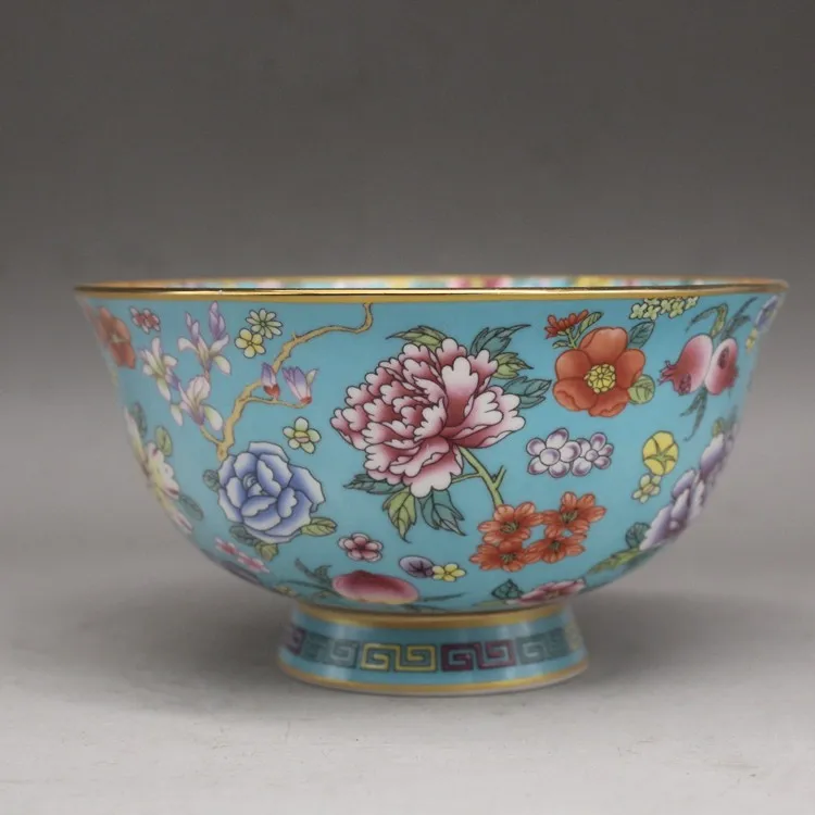 Chinese Blue Famille Rose Porcelain Qing Qianlong Flowers Design Bowl 5.12 inch