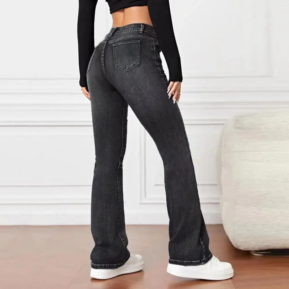 Easy-wear Casual Trousers Stylish Women's High Waist Flared Hem Jeans with Gradient Color Loose Fit Multi Pockets for Streetwear